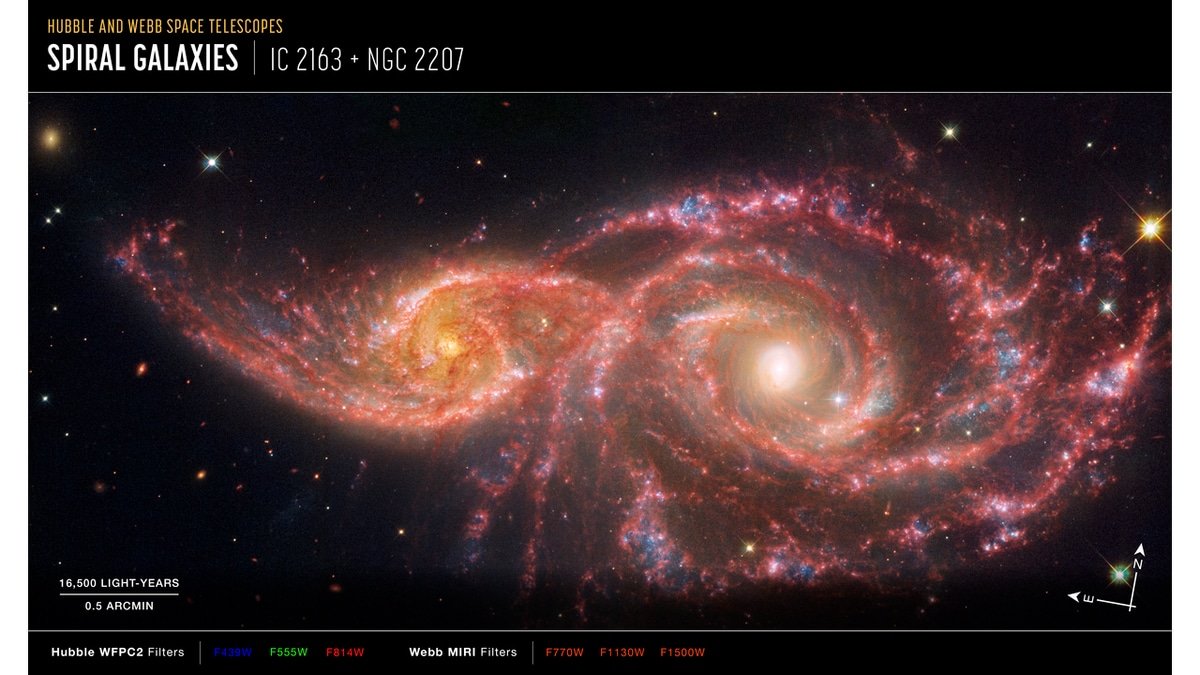 NASA’s Webb and Hubble Seize Spooky, ‘Blood-Soaked Eyes’ Galaxies IC 2163 and NGC 2207